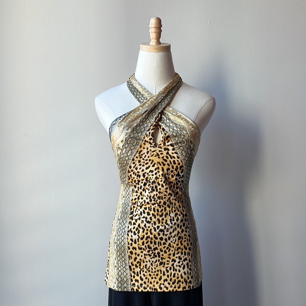 Caché Criss Cross Peekaboo Fitted Halter | Animal Print | Gold + Black + White